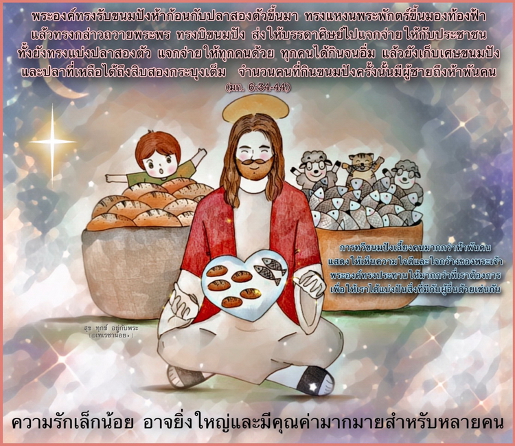 "พระองค์ทรงรับขนมปังห้าก้อนกับปลาสองตัวขึ้นมา ทรงแหงนพระพักตร์ขึ้นมองท้องฟ้าแล้วทรงกล่าวถวายพระพร" (มก. 6:34-44)