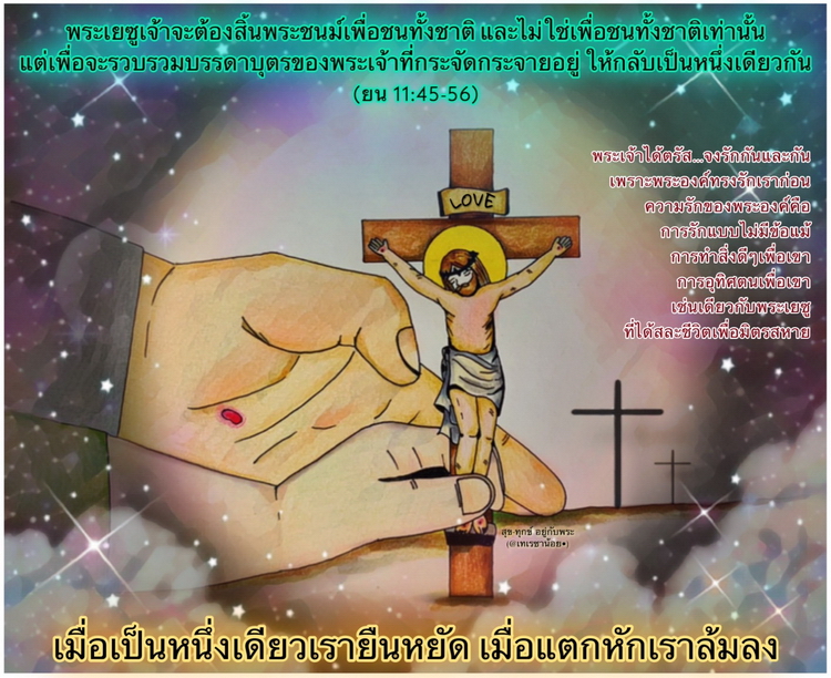 "พระเยซูเจ้าต้องสิ้นพระชนม์เพื่อชนทั้งชาติ และไม่ใช่เพื่อชนทั้งชาติเท่านั้น แต่เพื่อจะรวบรวมบรรดาบุตรของพระเจ้าที่กระจัดกระจายอยู่ให้กลับเป็นหนึ่งเดียวกัน" (ยน. 11:45-56)