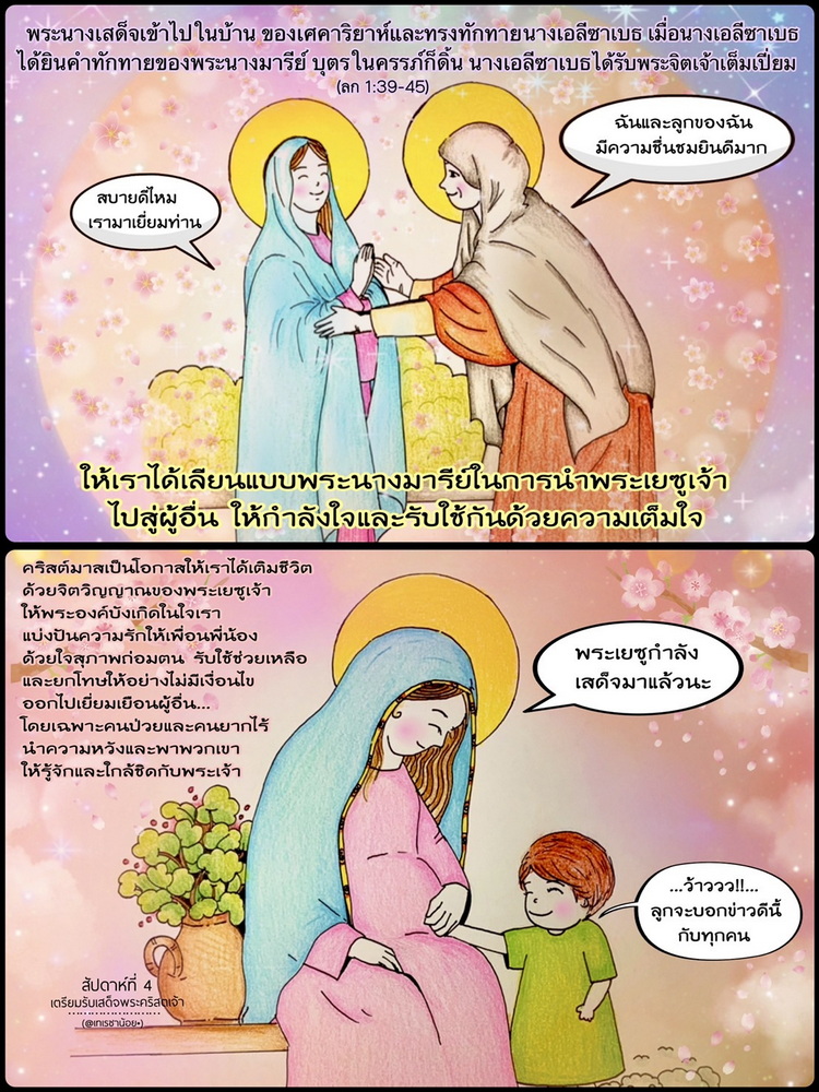 "เมื่อนางเอลีซาเบธ ได้ยินคำทักทายของพระนางมารี บุตรในครรภ์ก็ดิ้น นางเอลีซาเบธได้รับพระจิตเจ้าเต็มเปี่ยม" (ลก. 1:39-45)