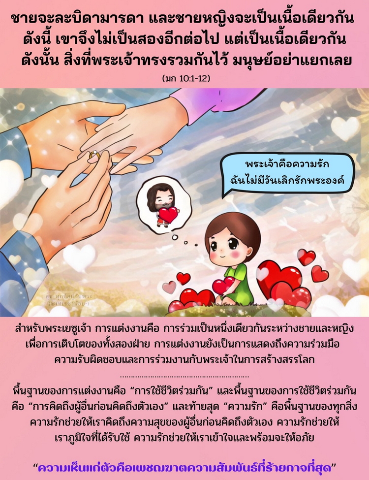  ชายจะละบิดามารดา และชายหญิงจะเป็นเนื้อเดียวกัน ดังนี้ เขาจึงไม่เป็นสองอีกต่อไป แต่เป็นเนื้อเดียวกัน (มก. 10:1-12)