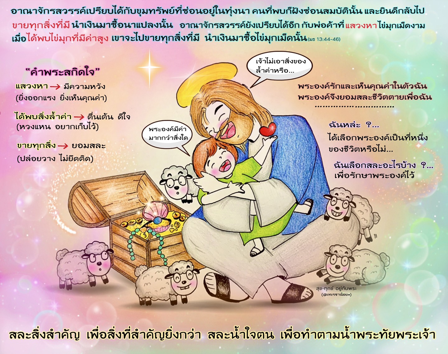 "อาณาจักรสรรค์เปรียบได้กับขุมทรัพย์ที่ซ่อนอยู่ในทุ่งนา.." (มธ.13:44-46)